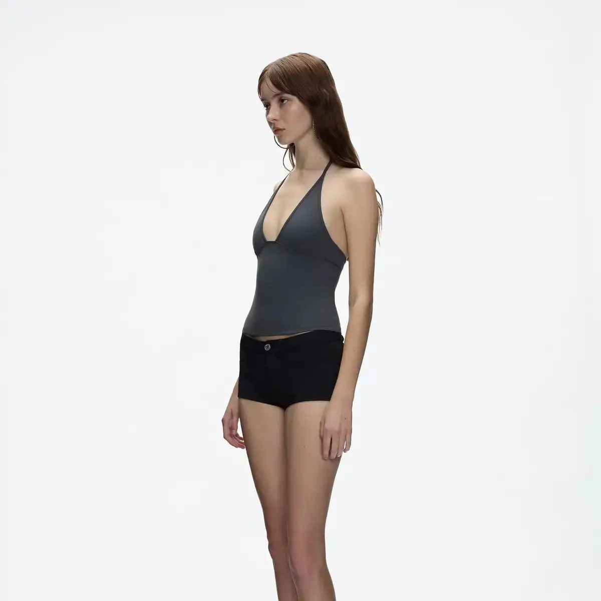 Tank Dark Gray Triangular Backless Tight-Fitting Halter Top Sexy Low V-Neck Off-Shoulder Halter Elastic Knitted Short Sports Vest - Image 5