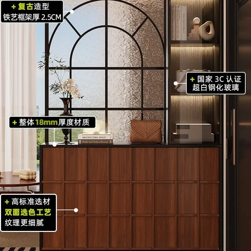Retro Entrance Shoe Cabinet with Glass Screen Partition for Living Room Front Door Advanced Storage Customizable Home