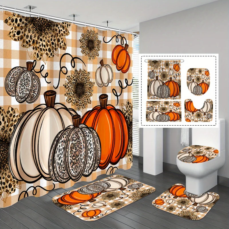 Thanksgiving 4pcs Beige Leopard Orange Pumpkins Shower Curtain Set, Autumn Pumpkins and Sunflowers Bathroom Sets with Shower C
