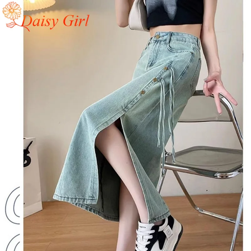 Novo verão retro cintura alta denim saia menina cor sólida fenda saias de comprimento médio design sentido pequena a linha hip-pack saia