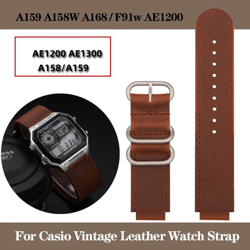 Retro Leather Watch Strap for Casio AE-1200WH Small Square Watch A159W-N1 A168  AE-1200WH/1300/1000 A159 Cowhide Strap 18mm