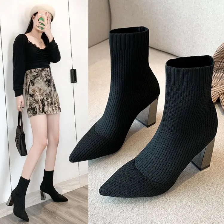 Candy Color Sock Boots Women Pointed Toe High Heels Leopard Stretch Fabric Bottes Femme Brethable Stripe Knitting Ankle Boots