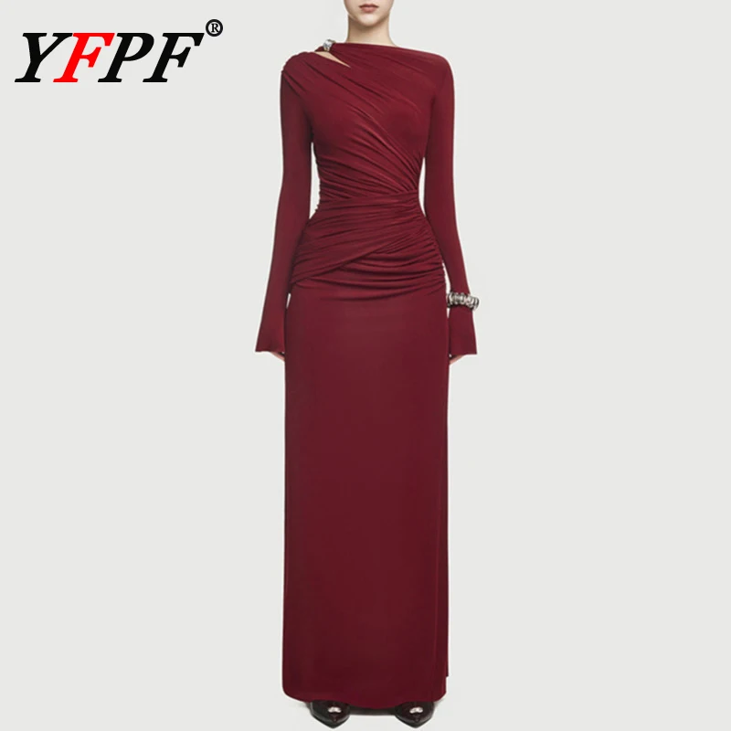 

YFPF Folds Slim Design Elegant Dress Women Fashion Hollow Out Flare Sleeve Solid Color Long Evening Dresses 2025 New Clothing