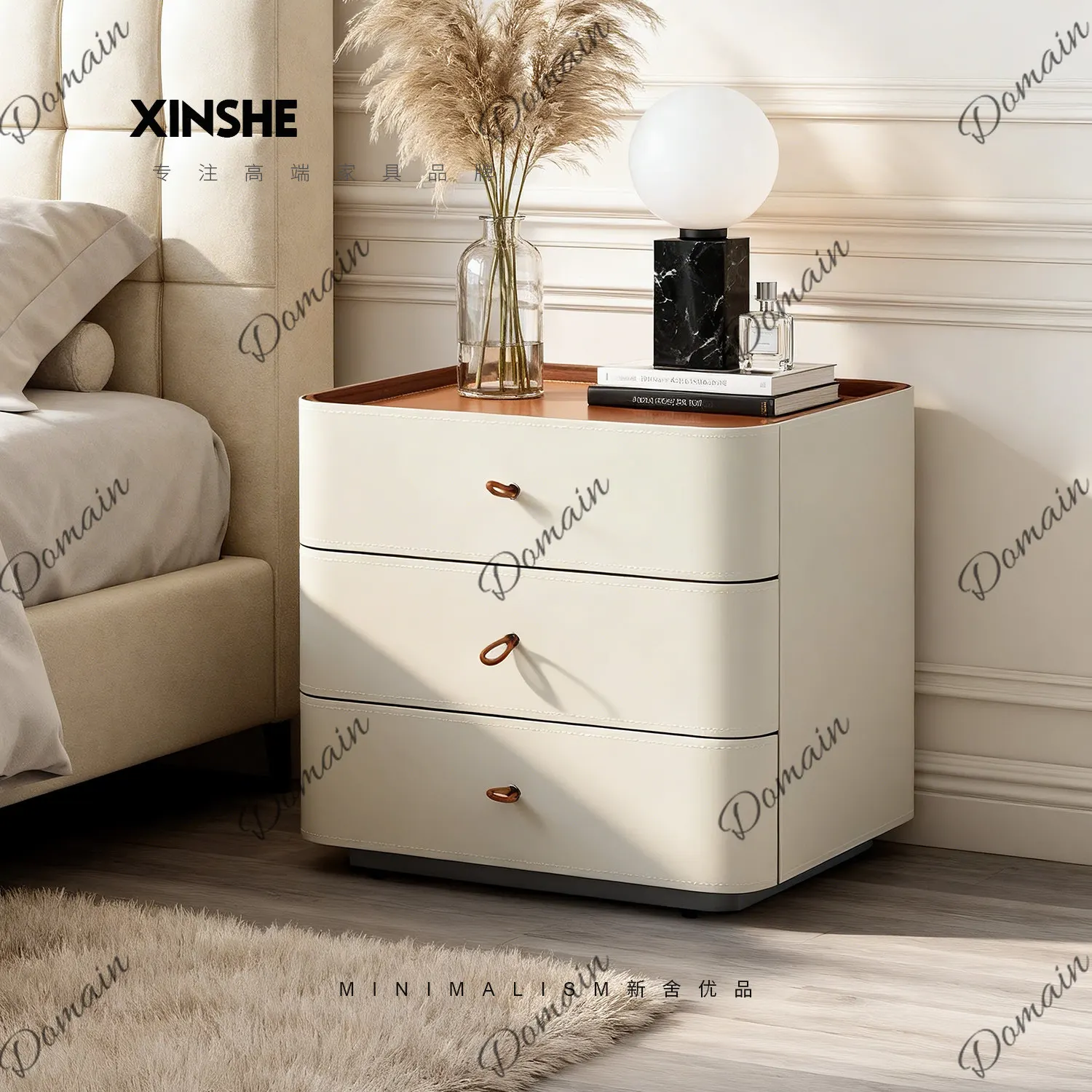 Italian minimalist bedside table light luxury saddle leather high-end designer master bedroom simple bedroom