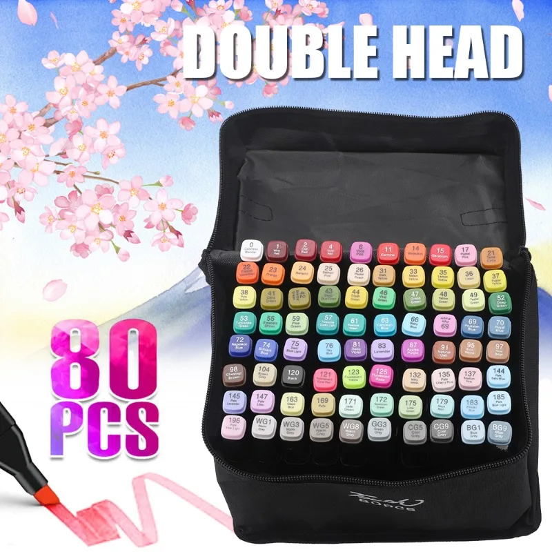 80 Farben Dual-Tip Alkohol-Marker-Set, feine und breite Doppelspitze, Skizzenstifte mit Ständer für Zeichnen, Manga, Graffiti, Schüler, Künstler, Schreibwaren, Geschenk