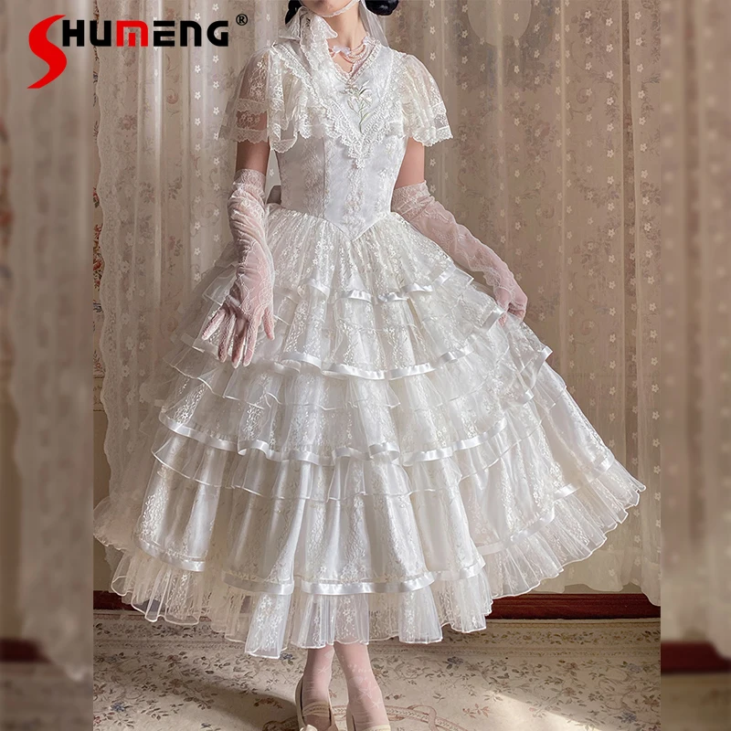 

French Elegant Retro White Long Dress Summer Woman's High Waist Slim Lace Cloak Sleeves Lolita Style Dress Girl's Sweet Dress