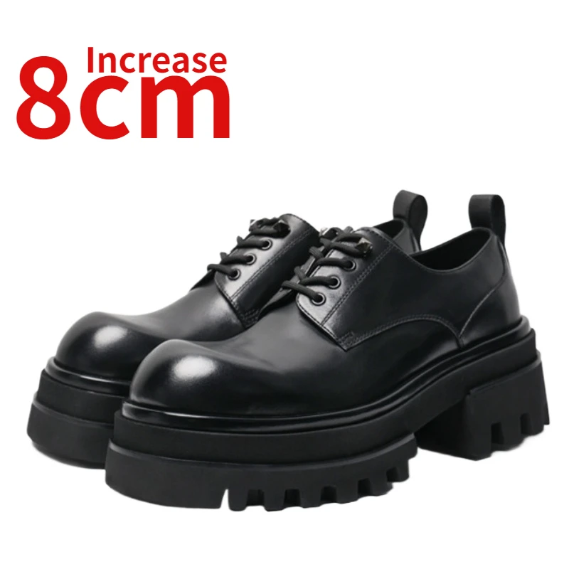 Thick Bottom Derby Shoes for Men Height Increasing Shoes Increased 8cm Genuine Leather British Comfortable Casual Elevated Shoes