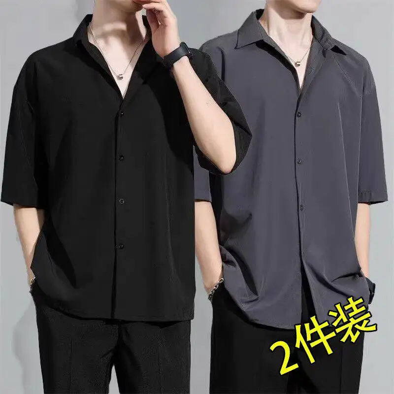 Summer Men's Ice Silk Short Sleeve Shirt Drapey Loose Casual Style Lightweight Polyester Fabric Anti-Wrinkle Youth Fashion