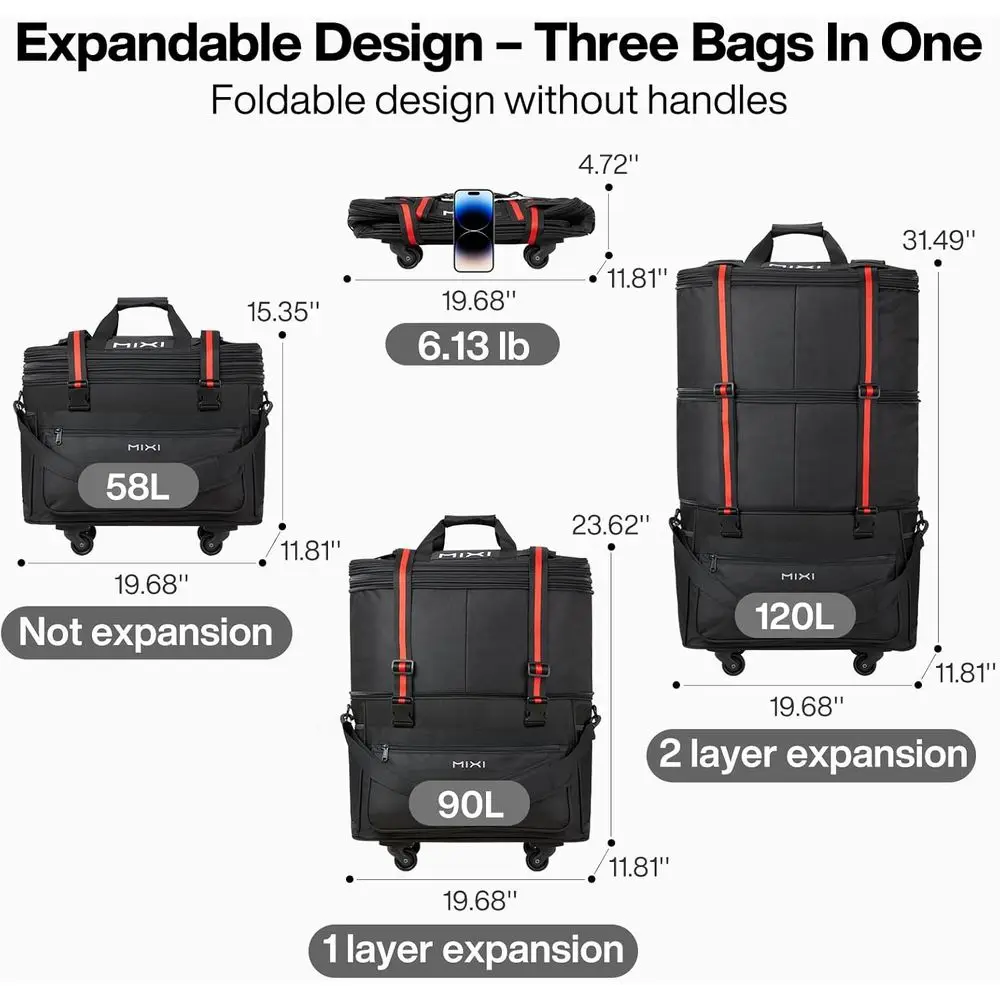 Bolsa de equipaje con ruedas expandible, bolsa de viaje plegable para hombres y mujeres, maleta de gran capacidad, color negro