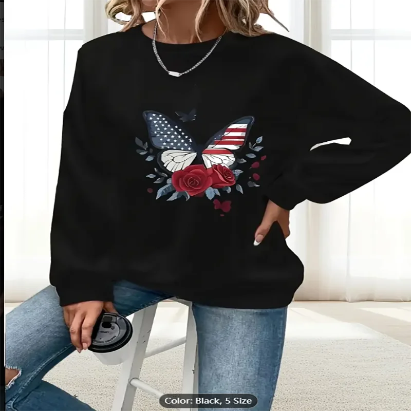 

Womens Sweatshirt American Flag Butterfly Rose Graphic Print Casual Oversized Pullover Top for Patriotic Style Lovers Cotton
