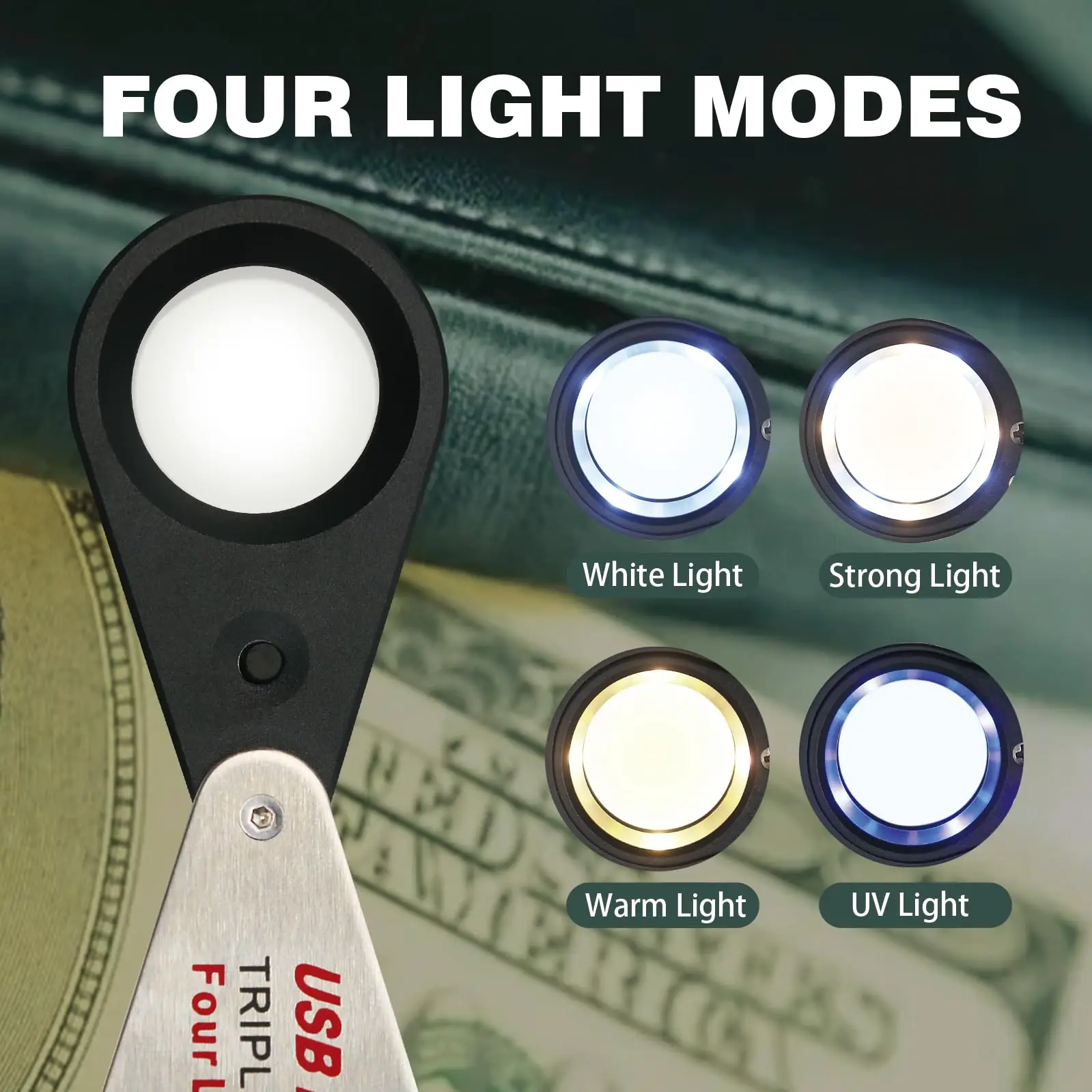 10X 20X 30X USB LED Jewelers Loupe with UV Light Rechargeable Loop Magnifier 22mm Optical Lens Foldable Jewelry Magnifying Glass