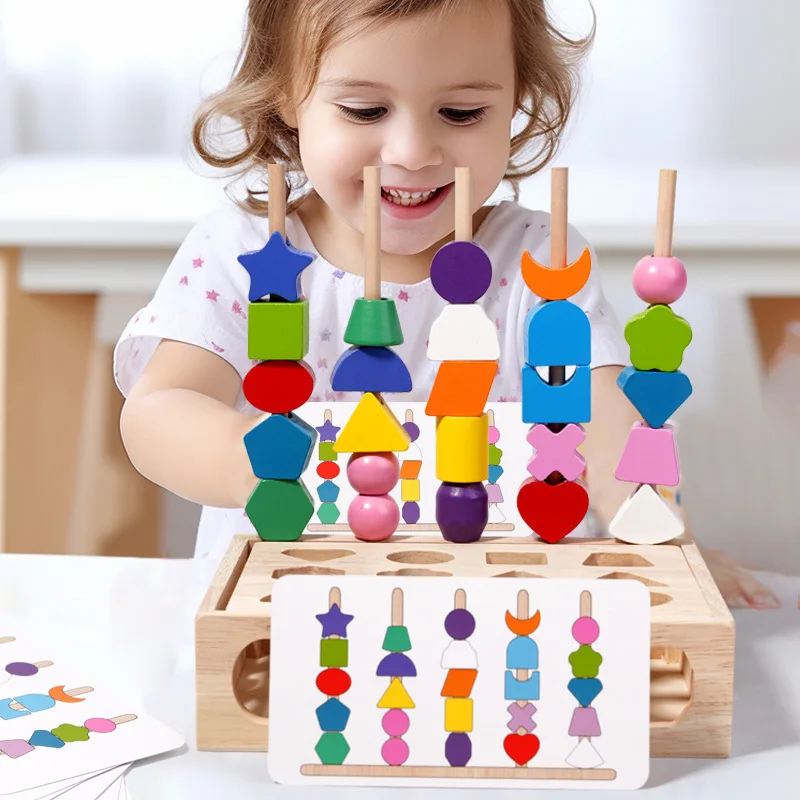 Wooden Geometric Shape Cognitive Matching Set Column Splicing Block Children's Bead Parent-child Interactive Puzzle Toy