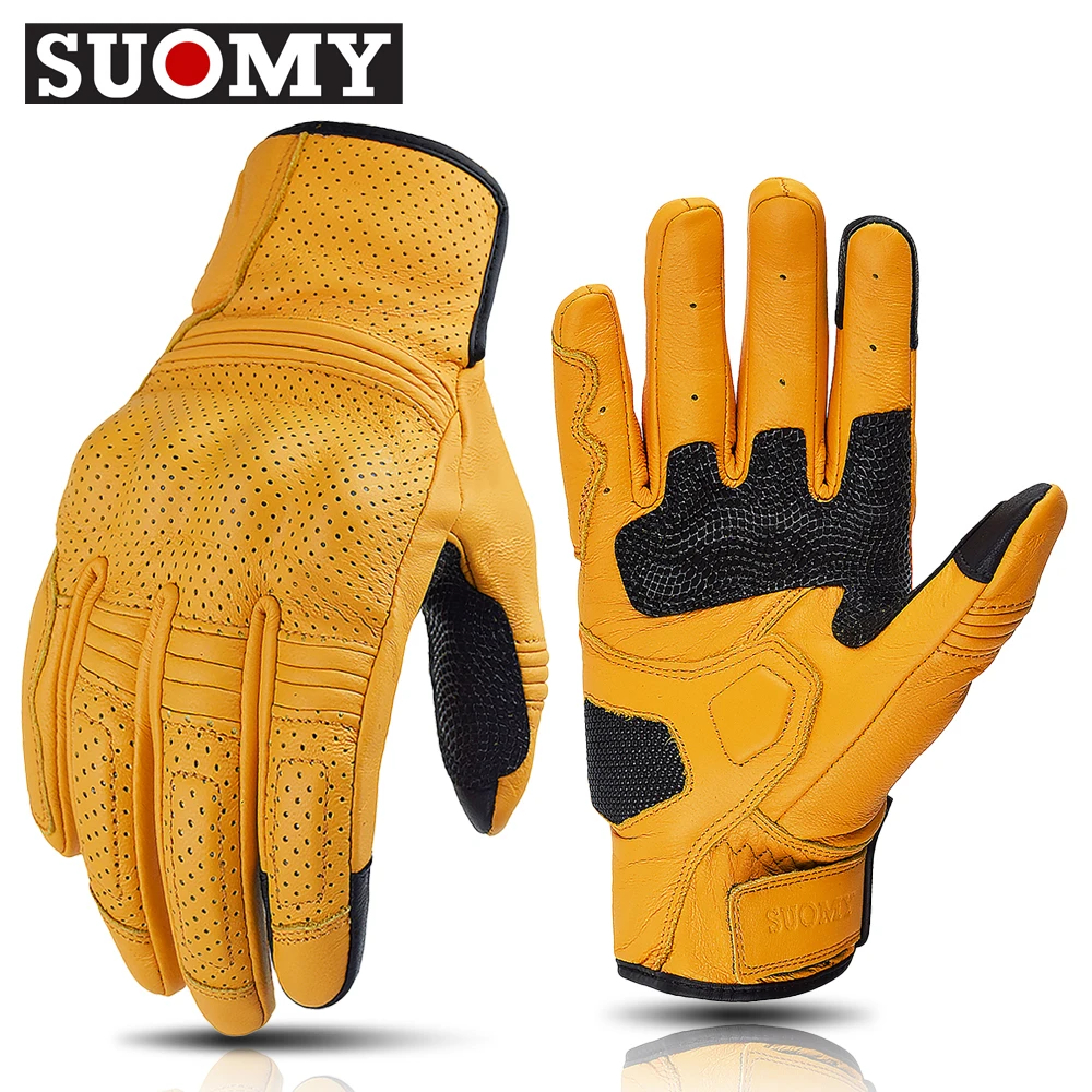 

SUOMY Retro Leather Motorcycle Gloves Men Touchscreen Motocross Riding Gloves Anti-fall Summer Motorbike Riding Glove Breathable