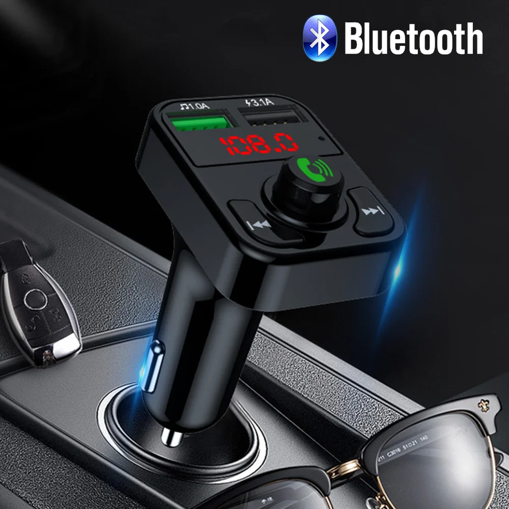 Car Handfree Bluetooth 5.0 MP3 Player FM Transmitter Car Kit Handsfree Speaker Audio Coche Adapter Receiver USB Fast Charger