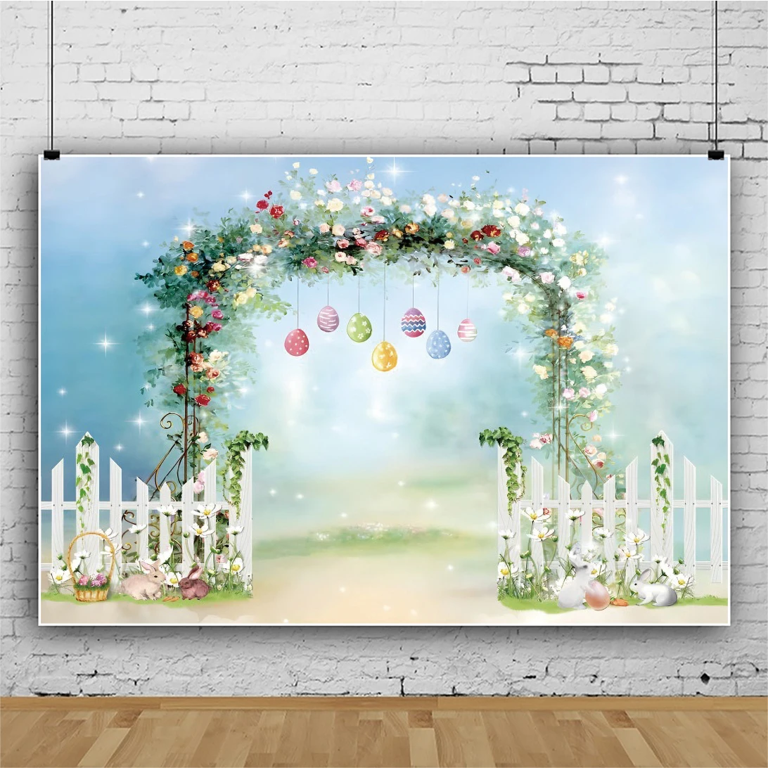 Laeacco Dreamy Light Bokeh Flower Arch Spring Easter Photo Backdrop Cute White Rabbit Eggs Kids Portrait Photography Background