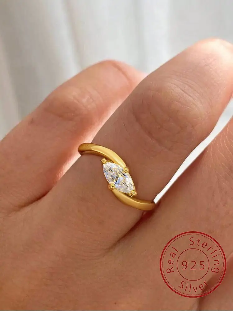 

925 Sterling Silver Golden Simplicity Fashion Marquise Zirconia Ring For Women Anniversary Luxury High Quality Fine Jewelry