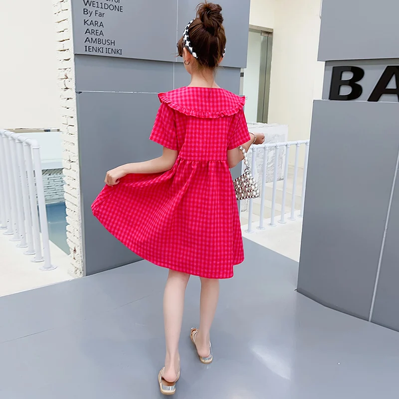 Red Checkered Girls' Dress Summer Cotton Children's Breathable Long Skirt 2022 New Factory Cheap Spring Autumn Baby's Skirt