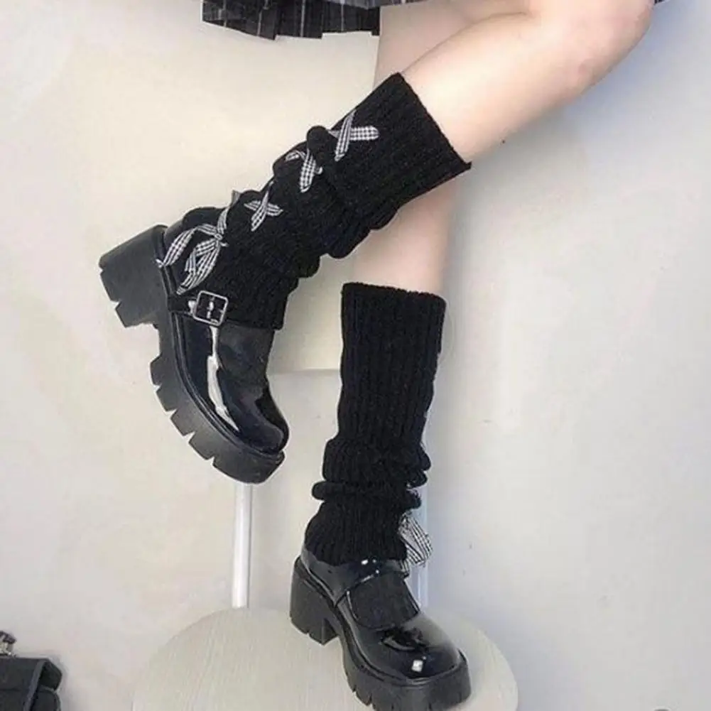 

Calf Socks Winter Calf Covers Knitted Lolita Style Leg Warmers with Anti-slip Ribbons Bow for Jk Cosplay Wear Sports Outing