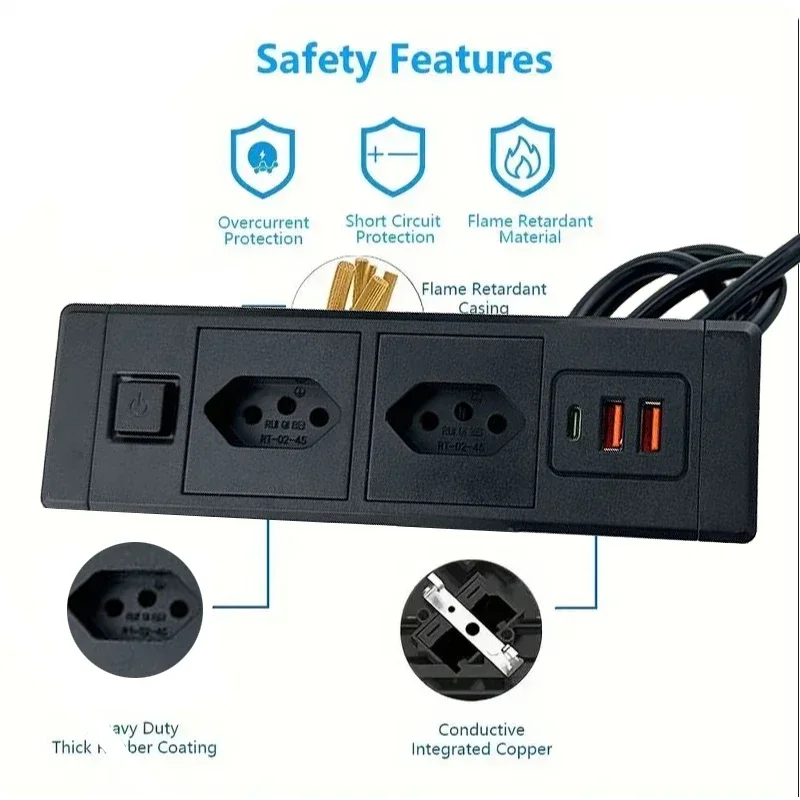 15A Power Electrical Extension Brazilian Socket BR Built-in Desktop Sockets with USB Type-c Recessed Furniture Outlets 110 250V