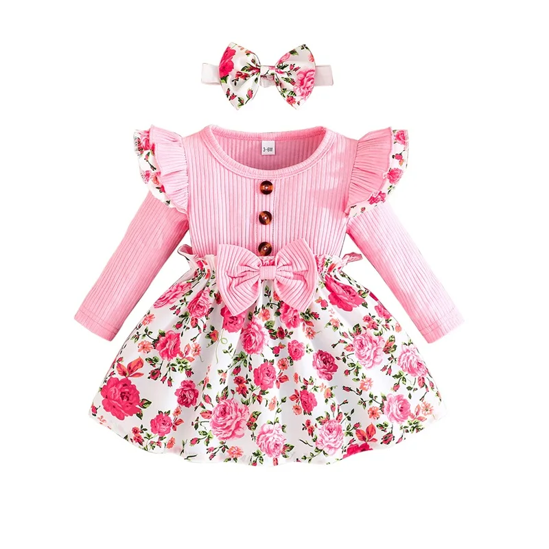 Baby Girls Autumn A-line Dress Long Sleeve Round Neck Floral Princess Dresses with Headband