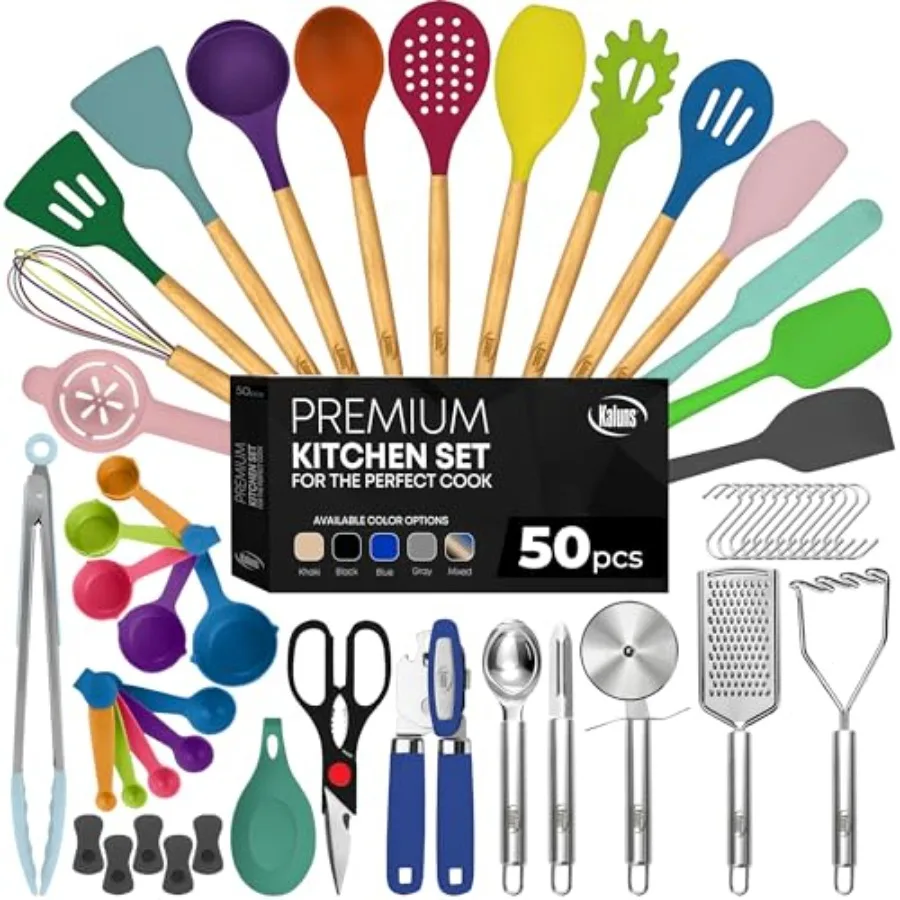 

50 PCS Silicone Kitchen Utensils Set Complete Kitchen Set - 800°F Heat Resistant Non-Stick Premium Cooking Utensils W Wooden Ha