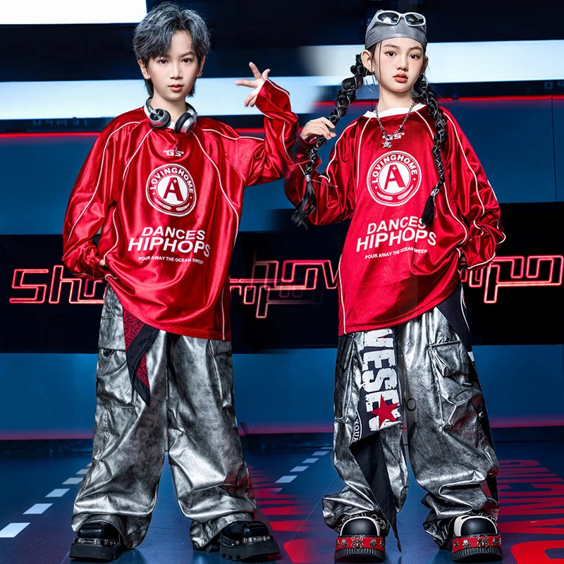 الفتيات ملابس رقص الجاز الفتيان الهيب هوب زي كبير الحجم السراويل الفضفاضة الحمراء الفضة في سن المراهقة شارع الرقص أداء المرحلة ارتداء 4652 #1