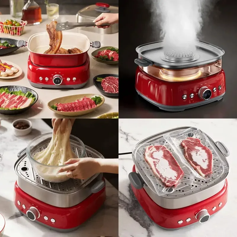 Portable Electric Heating Pot Steamer Dual Purpose Triple Stainless Steel Pot 21.34 Quarts Capacity Adjustable Temperature