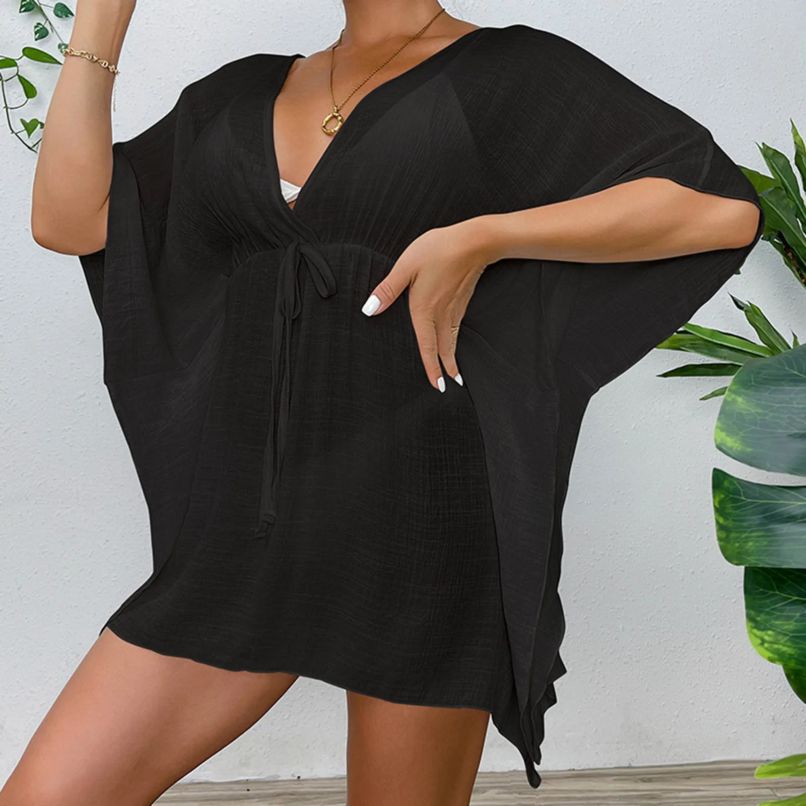 2024 Summer Women Swimsuit Cover Up Drawstring Kaftan V Neck Loose Wrap Dress Robe Solid See Through Beachwear Dresses