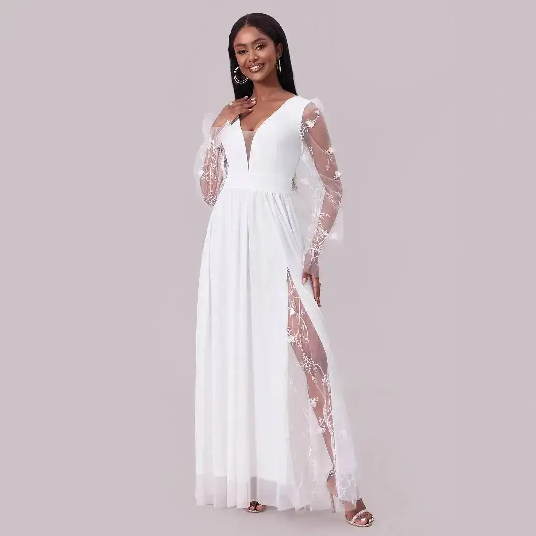 Dress, Dress, Women's Wedding Deep Neck, Long Sleeved Wedding Dress, Long Skirt 2025 Summer Dress Robe Vestido Women Elegant