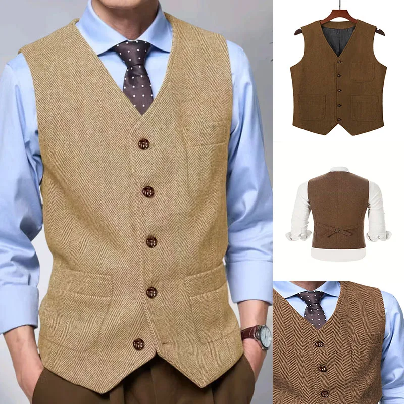 

Autumn Male Vest Herringbone Single Breasted Slim Fit Waistcoat Business And Casual Gentlemen For Banquets Groom's Vest