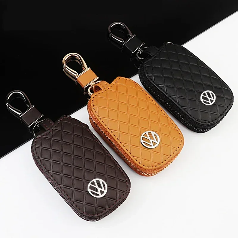 Leather Car Logo Key Protective Bag for Volkswagen Passat Santana Touareg Tiguan Golf Bora Jetta CC Mk6 Beetle Scirocco Sagitar