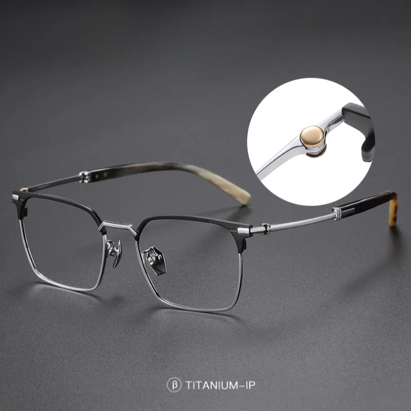 Natural Ox Horn Titanium Frame Eyeglasses Men Business Full Rim Pure Titanium High-end Handmade Designer Prescription Glasses