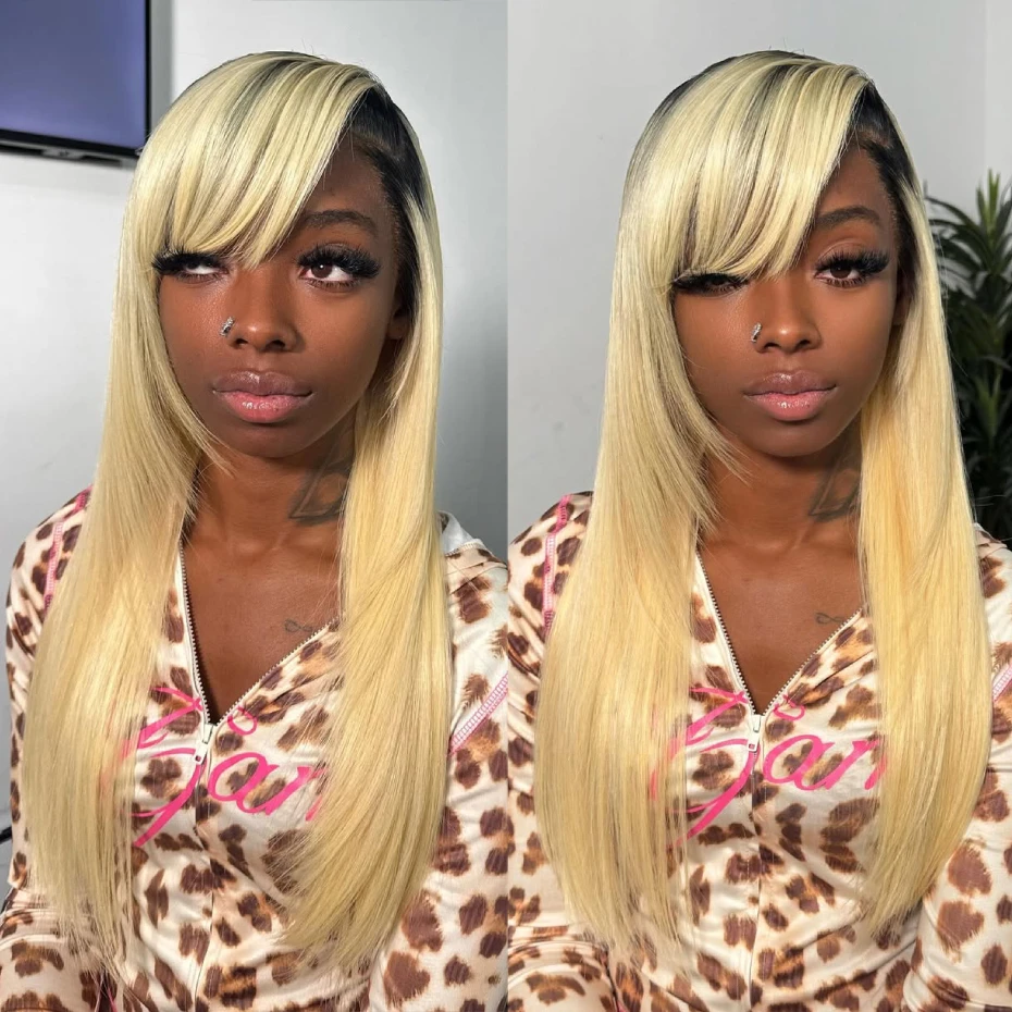 Bone Straight 13x6 Transparent Lace Front Human Hair Wigs For Women 613 Honey Blonde Human Hair With Dark Roots Pre Plucked Natural Hairline T1B613 Colored Frontal Wigs 30 38 40 inch