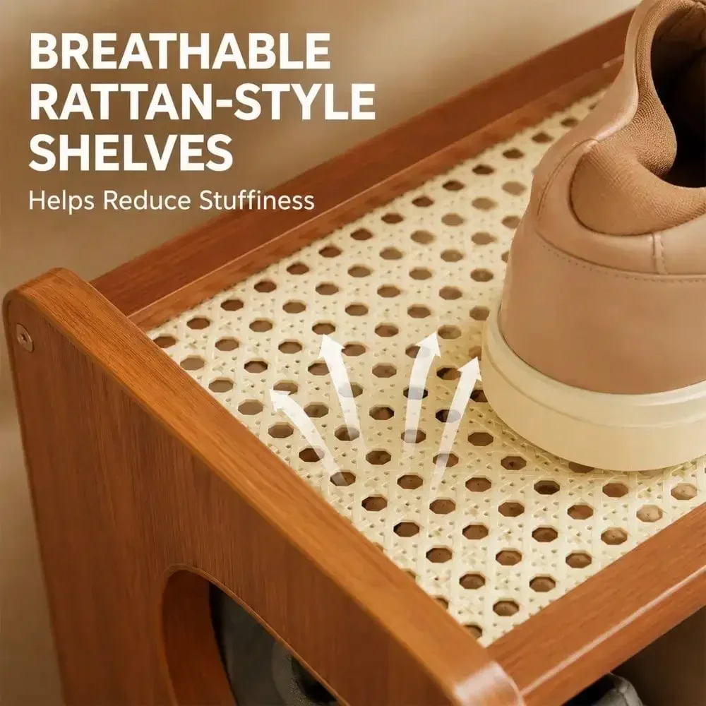 Breathable Rattan Shoe Rack With An Arched Frame, Freestanding Shoe Storage Organizer That Saves Space And Provides Stability, Ideal For Entryways, Hallways, Bedrooms, And Home Decor.