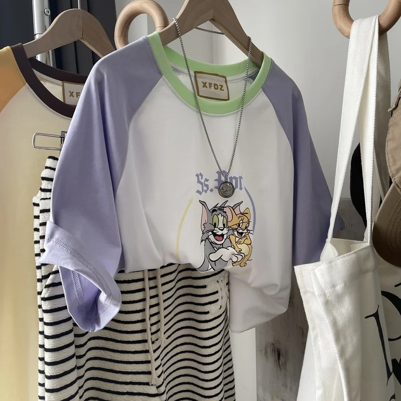 قميص نسائي صيفي كاجوال من القطن بتصميم كرتوني وألوان متباينة، مقاس كبير 300، بأكمام قصيرة