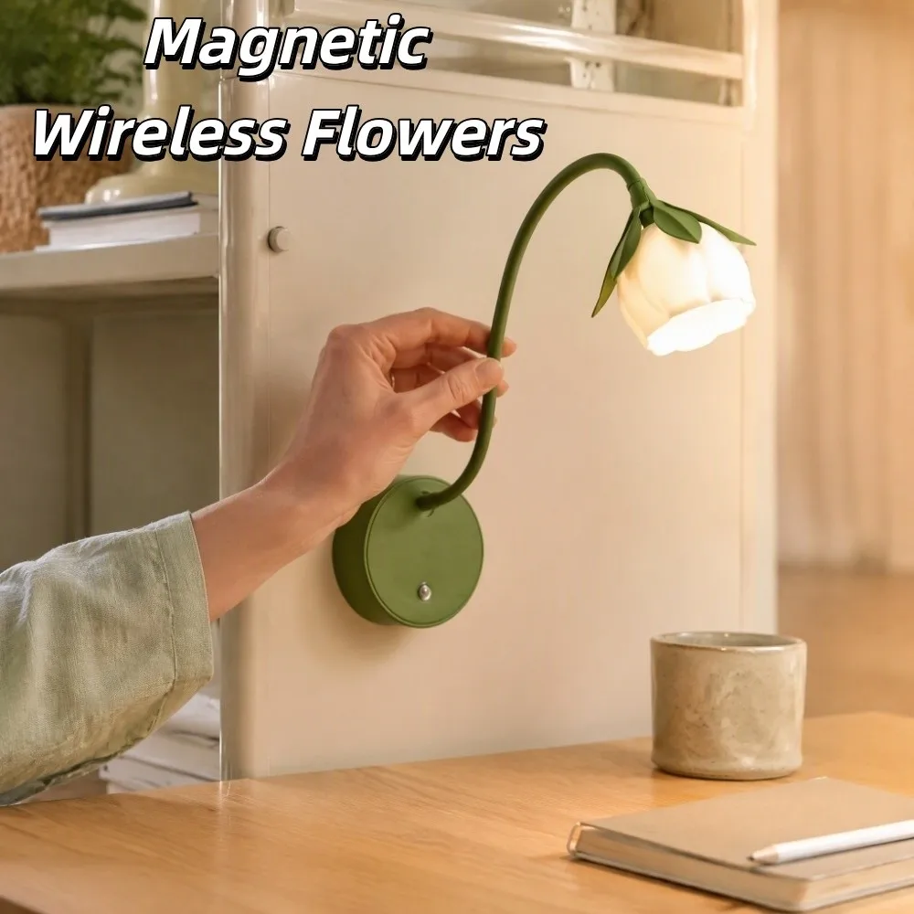 Magnetic Flower Wall Lamp Touch Dimming 360 Flexible Gooseneck Flower Night Light Cordless Rechargeable Floral Wall Sconce