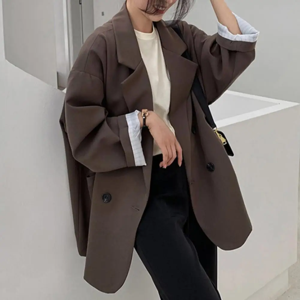 Notched Collar Business Blazer Suit Coat Korean Long Sleeves Pockets Double-breasted Oversized Women Blazer Jackets Suit Coat