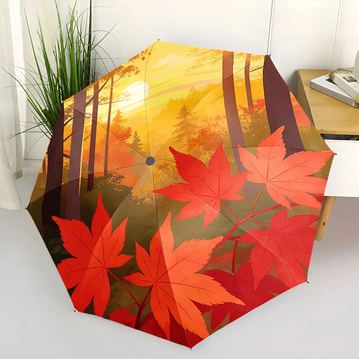 1PC Autumn Forest Umbrella with Vibrant Leaves Design Print 8 Iron Ribs Folding Umbrella Auto-Open Fashion Sunshade