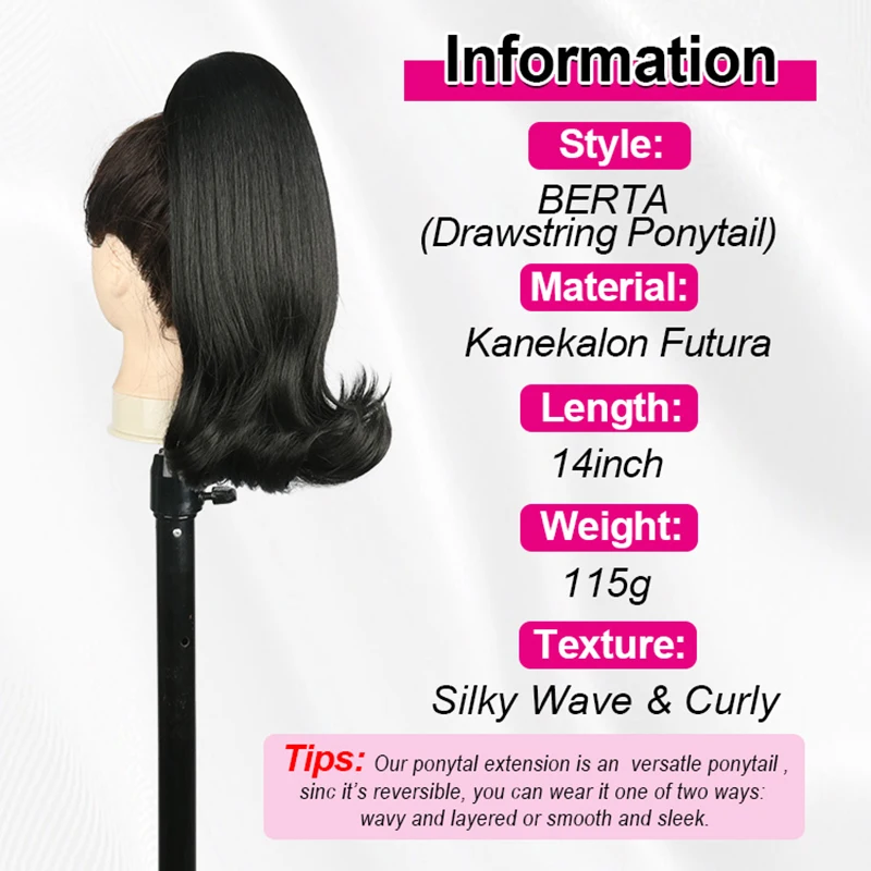 JULIANNA Kanekalon Synthetic Drawstring Ponytail Hair Extensions Short Hairpiece Straight for Women With Elastic Band Horse Tail