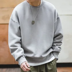 Maden Workwear Retro Grey Off Shoulder Space Cotton Sweater Air Layer Hatless Round Neck Coat Head Men's Fashion