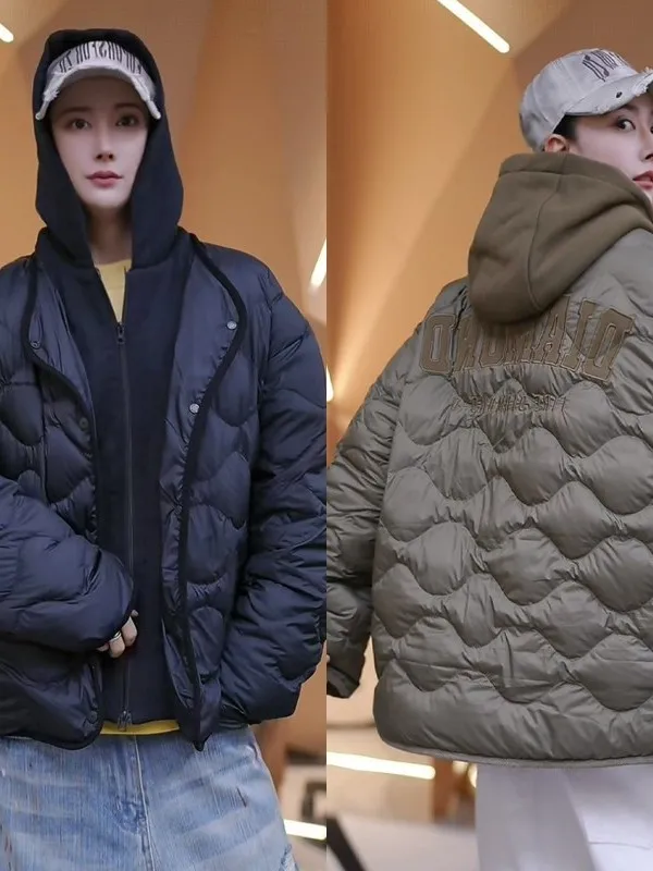 

Waterproof Nylon White Du down Puffer Jaet Fake Two-Piece Design Warm Thiened Casual Sle ort Length Zipper Closure