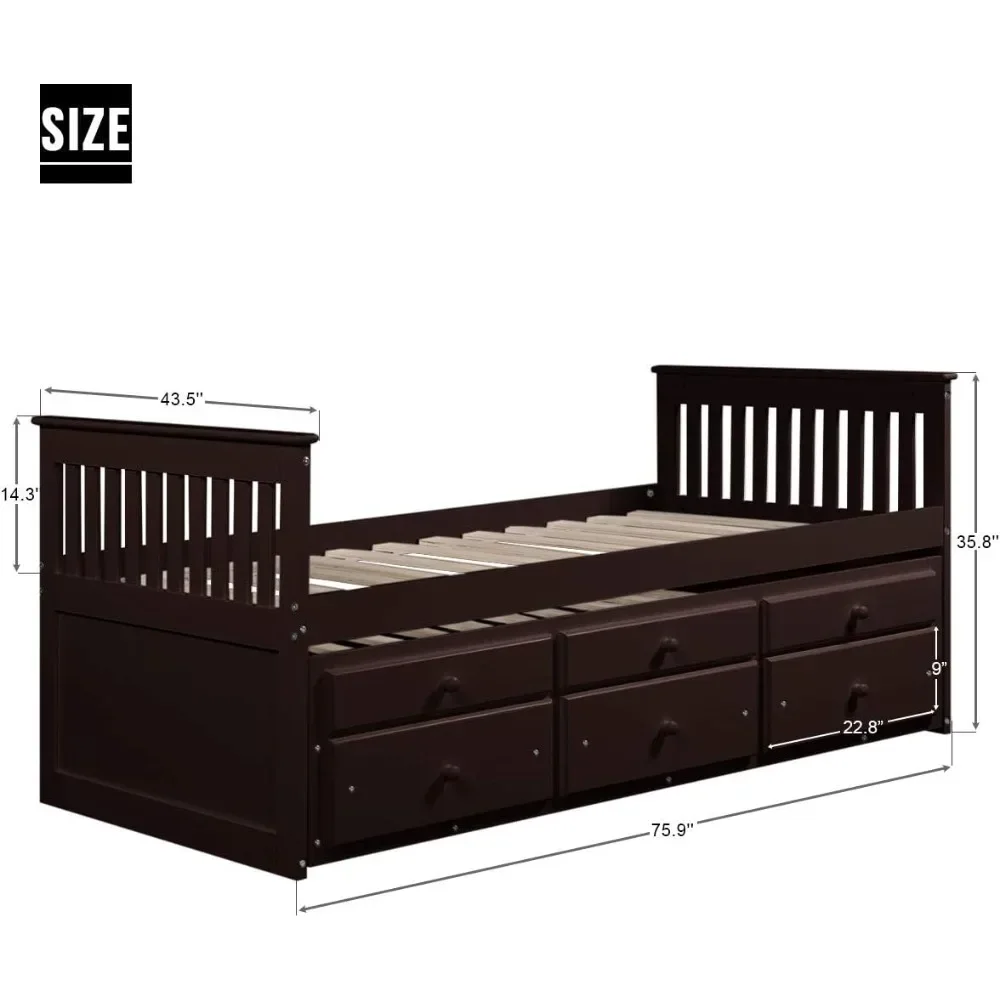 Twin Captain’s Bed Storage Daybed with Trundle and Drawers for Kids Guests (Espresso) Twin Bed, Twin Trundle, Storage Drawers