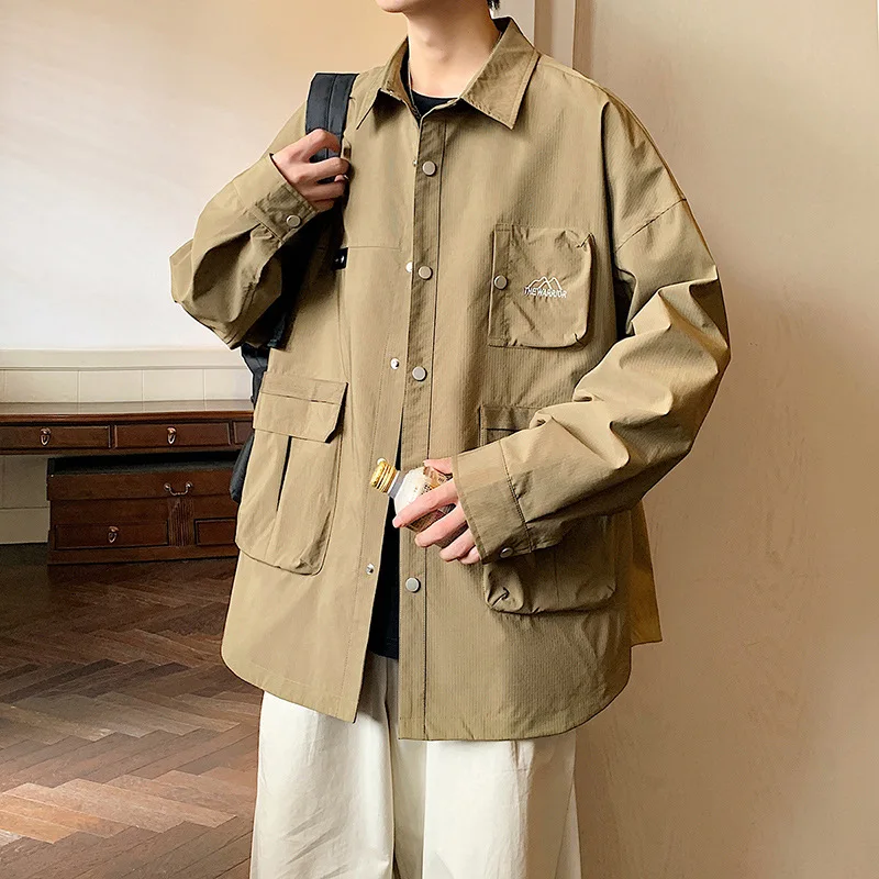 Spring Autumn Cargo Jacket Men Retro Solid Color Loose Long-sleeved Shirt Harajuku Multi-pocket Oversize Coat Casual Couple Tops