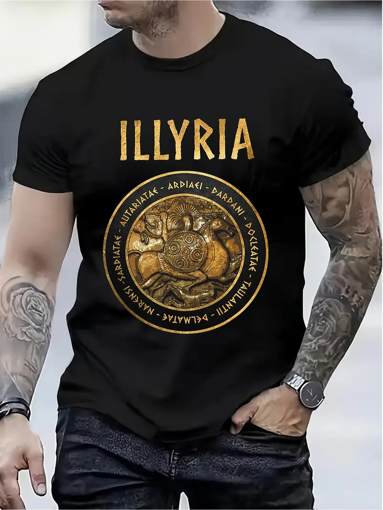 T-shirt noir pour homme - T-shirt graphique Guerrier Illyrien, coupe classique, col rond, style streetwear - Idéal pour les passionnés d'histoire et le quotidien