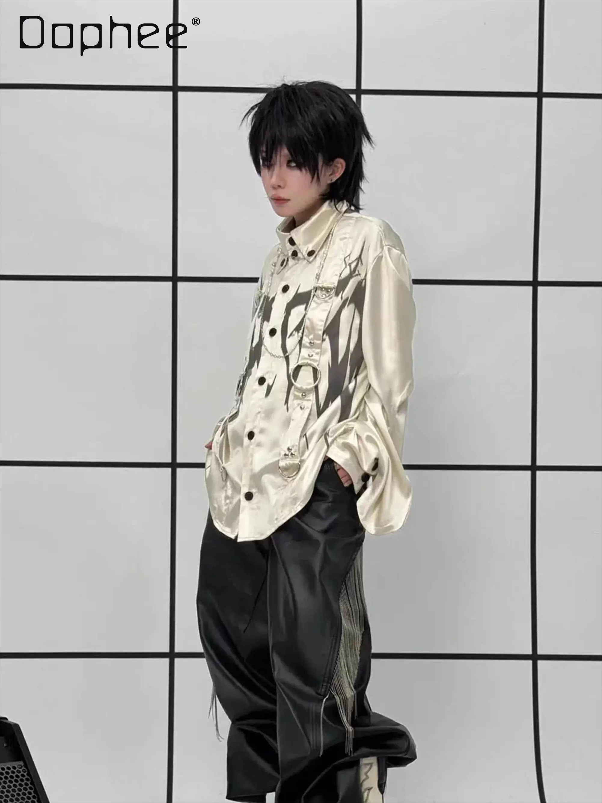 Subculture Goth Anime Printed Shirt Punk Style Chain Metal Rivet Lantern Sleeve Shirt Women Spice Girl Y2K Satin Women Tops