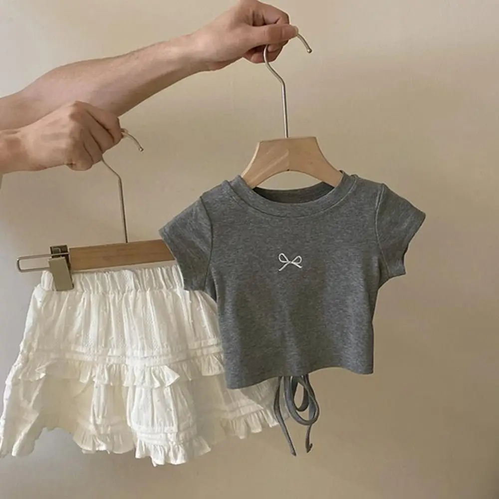 

Temperament Lace Up Teens Bow T-shirts Short Sleeve Summer Slim Crop Top Korean Style Sweet Girl's Top Party