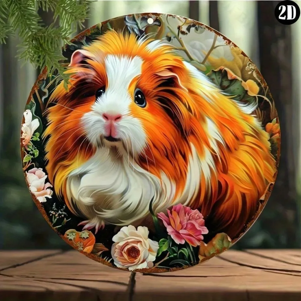 8x8 Inch Round Guinea Pig Design UV-Printed Aluminum Sign - Weatherproof Pre-Drilled, Ideal for Indoor/Outdoor/Living Room