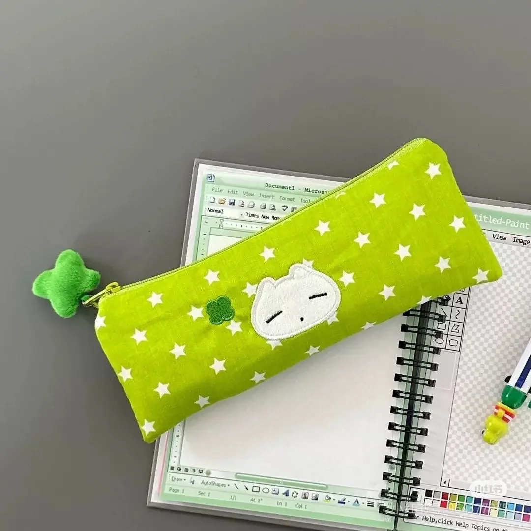 Cute Starry Green Plush Pencil Case Large Capacity Canvas Stationery Organizer with Cartoon Design for School Office Supplies