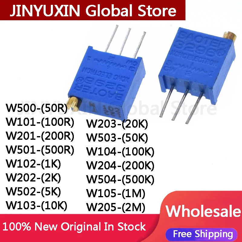 10PCS 3296 potentiometer Kit High Precision 3296W Variable Resistor 100R -1M 200R 500R 1k 2k 5K 10K 20K 50K 100K 200k 500k