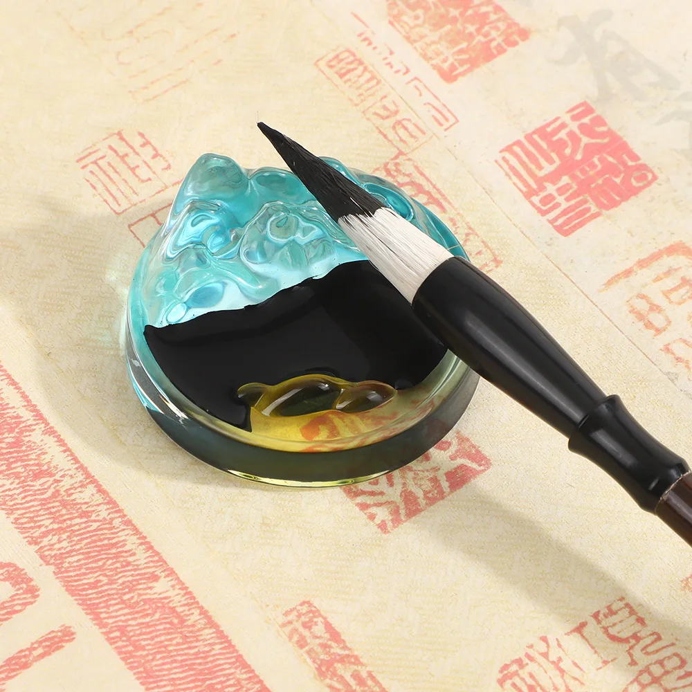 Gradient Colored Glaze Round Mountain Ink Dish, Embossed Ink Pond Compact Tray for Calligraphy Painting Stationery Decor Gift